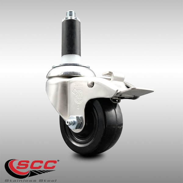 3 Inch 316SS Hard Rubber Swivel 1-1/8 Inch Expanding Stem Caster Lock Brake SCC
